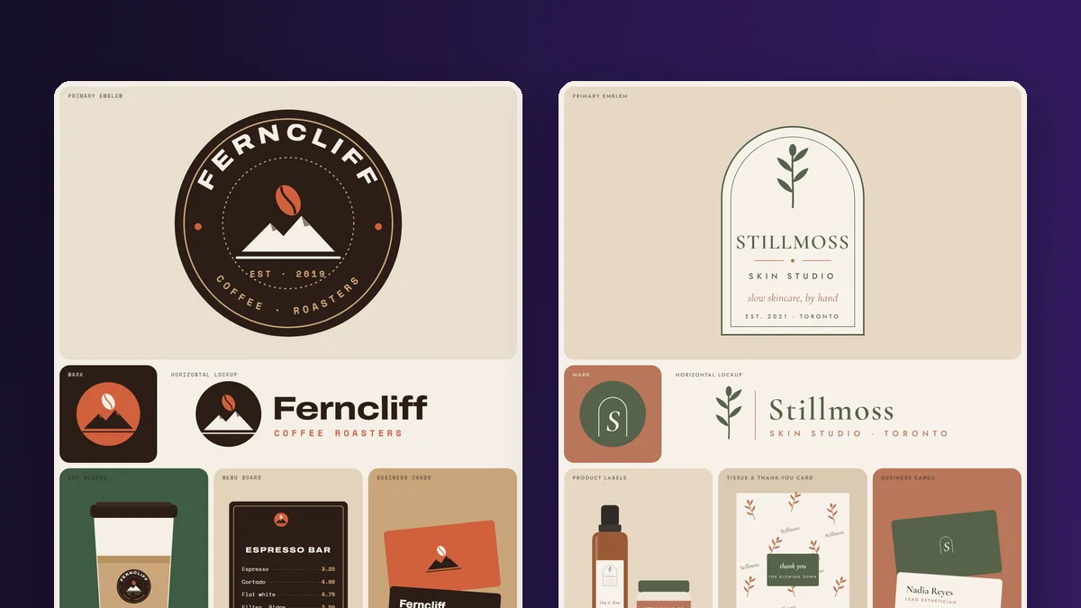 Two sample brand boards for fictional businesses, showing logo variations, colour palettes, type pairings and printed applications.