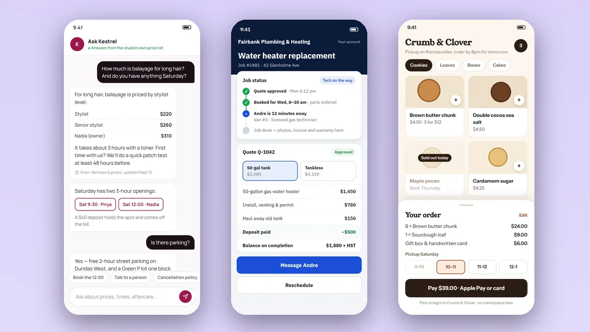 Three sample chat conversations on phones for fictional businesses: a salon answering a pricing question, a plumber's job update and a bakery order.