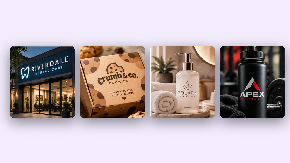 Packaging and print mockups for fictional brands: a shop sign, a cookie box, a bottle label and a sports bottle.