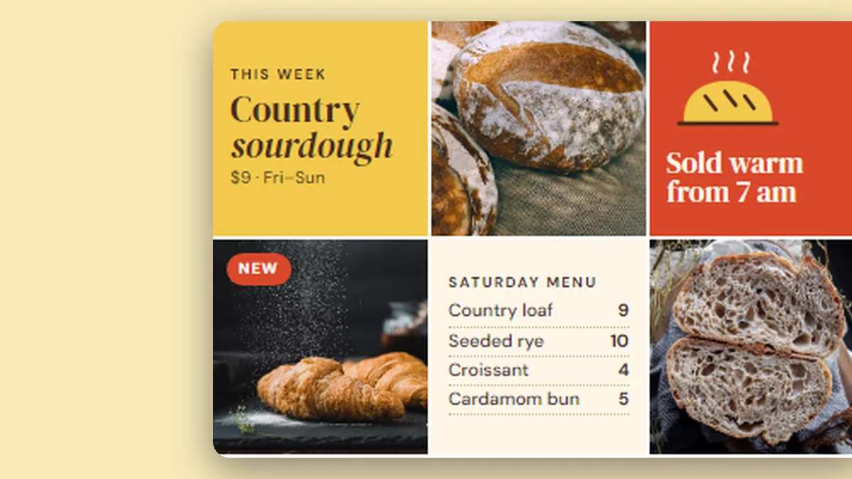 A grid of branded social post templates for a fictional bakery: a weekly special, a menu, an announcement and photos.
