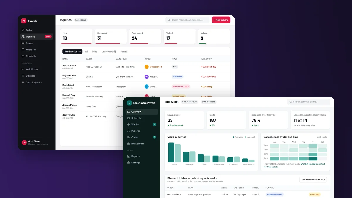 Sample screens for fictional businesses: a lead list with follow-up dates and a clinic dashboard with visits and rebookings.
