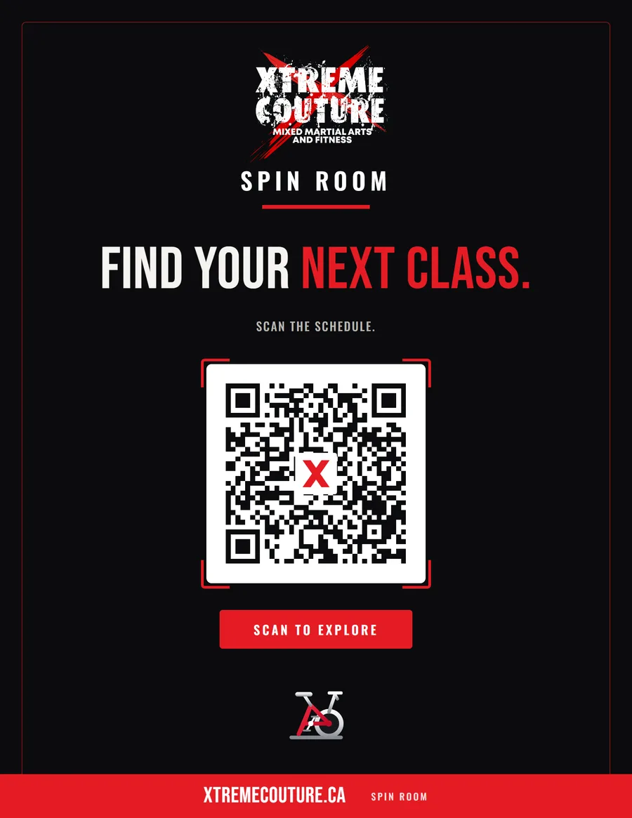 The printed QR sign for the spin room.