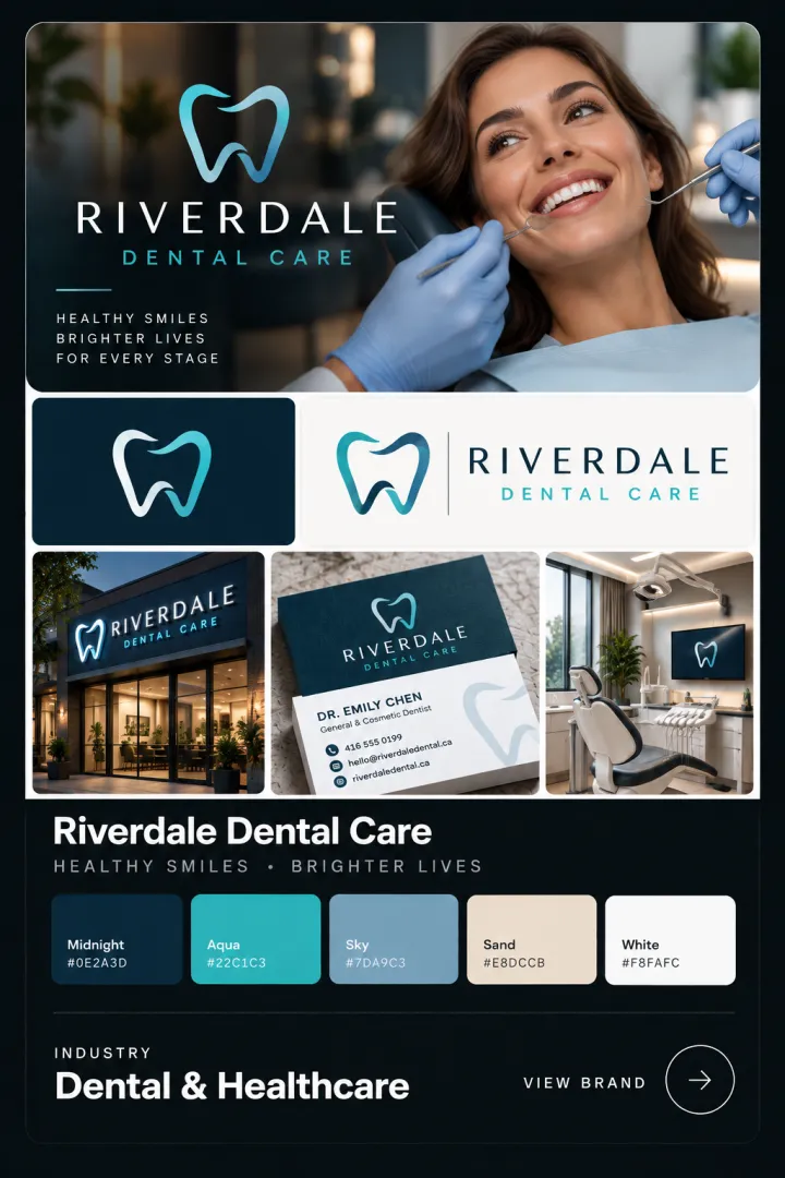 Brand card for Riverdale Dental Care, a fictional dental clinic: logo, colour palette, signage, business card and packaging or interior mockups.