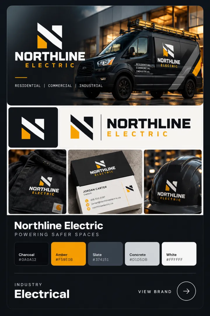 Brand card for Northline Electric, a fictional electrician: logo, colour palette, signage, business card and packaging or interior mockups.