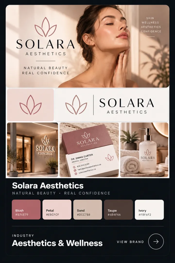 Brand card for Solara Aesthetics, a fictional aesthetics clinic: logo, colour palette, signage, business card and packaging or interior mockups.
