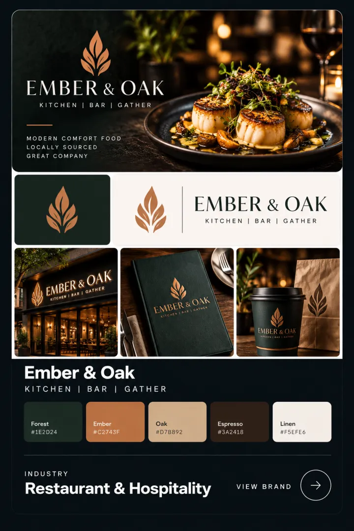 Brand card for Ember & Oak, a fictional restaurant: logo, colour palette, signage, business card and packaging or interior mockups.