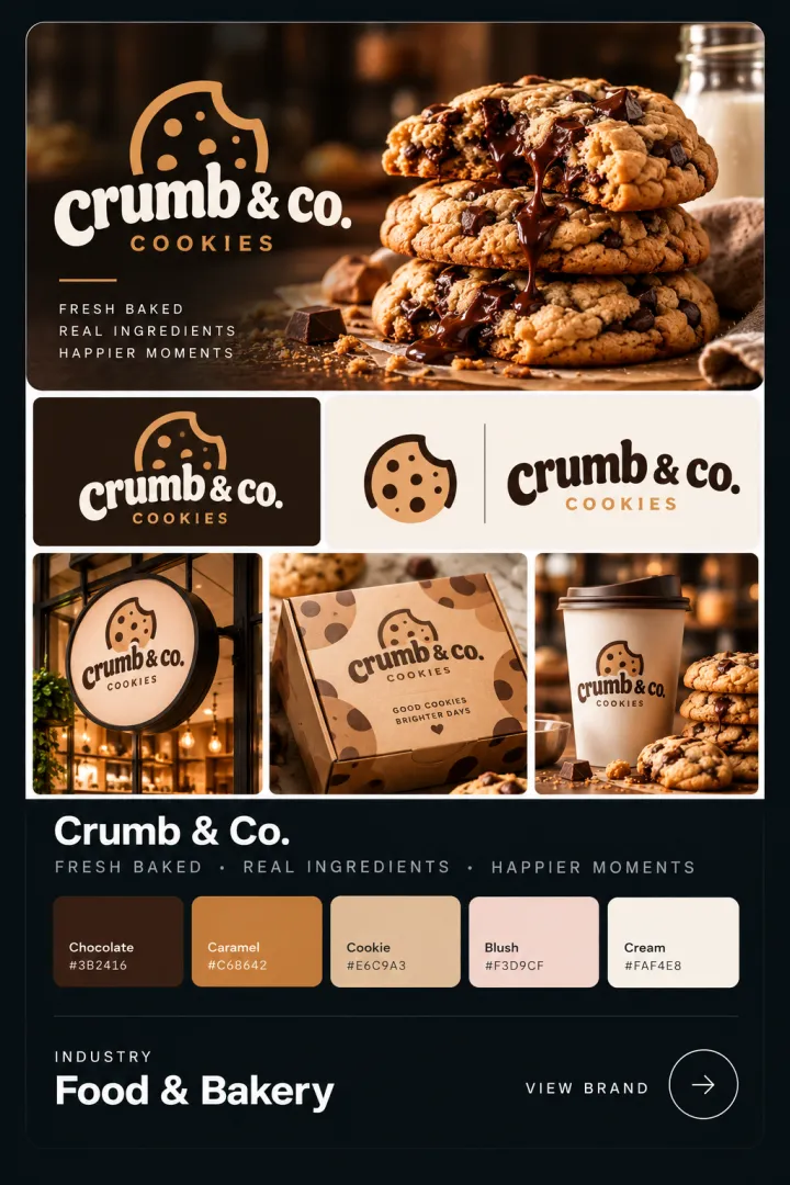 Brand card for Crumb & Co. Cookies, a fictional cookie shop: logo, colour palette, signage, business card and packaging or interior mockups.
