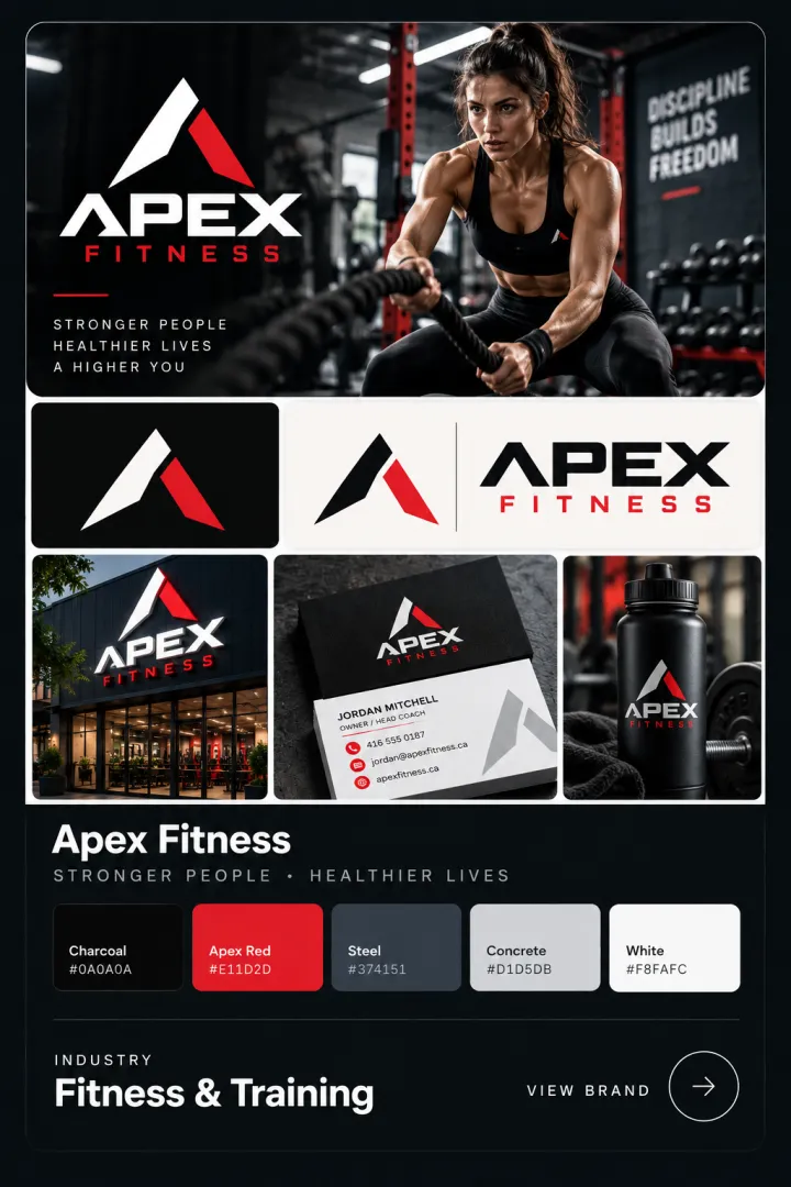 Brand card for Apex Fitness, a fictional gym: logo, colour palette, signage, business card and packaging or interior mockups.