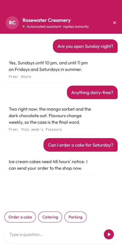 An ice cream shop's chat assistant answering questions about hours, dairy-free flavours and cake orders.