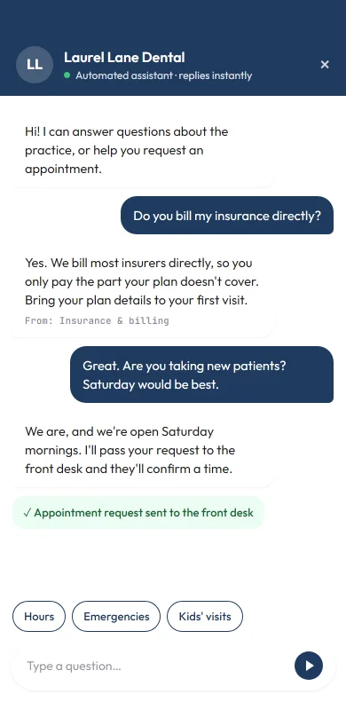 A dental clinic's chat assistant explaining direct billing and sending an appointment request to the front desk.