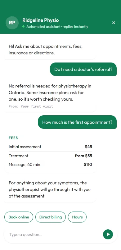 A physiotherapy clinic's chat assistant answering referral and fee questions.