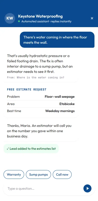 A waterproofing company's chat assistant diagnosing a leak and adding a free estimate request to the leads list.