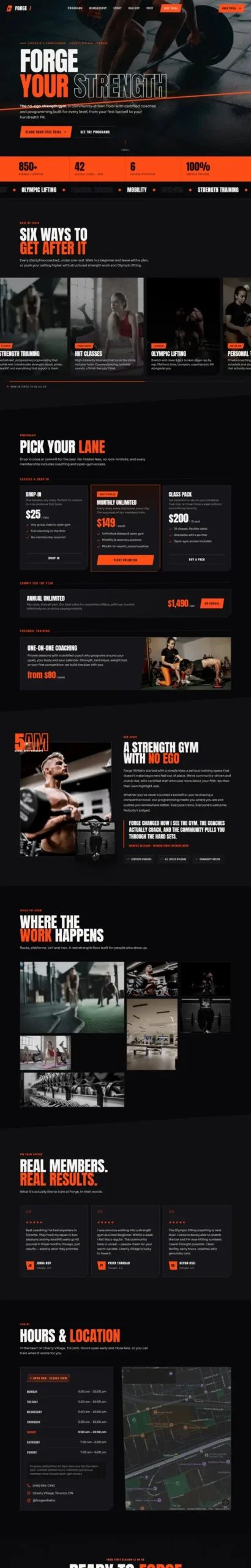 Full-page design of Forge Athletic, a fictional strength gym.