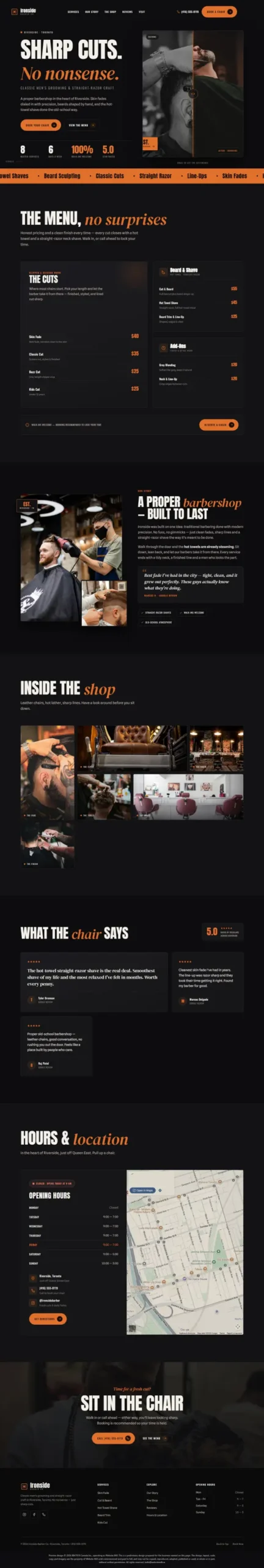 Full-page design of Ironside Barber Co., a fictional barbershop.