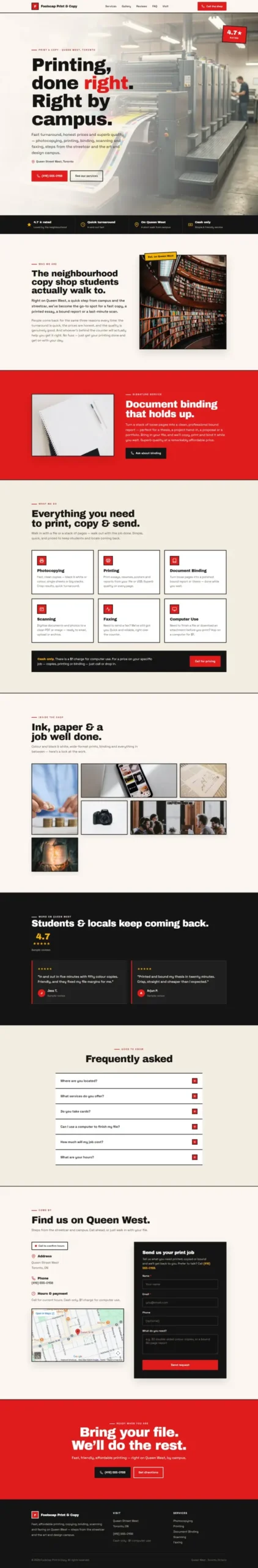 Full-page design of Foolscap Print & Copy, a fictional print & copy shop.