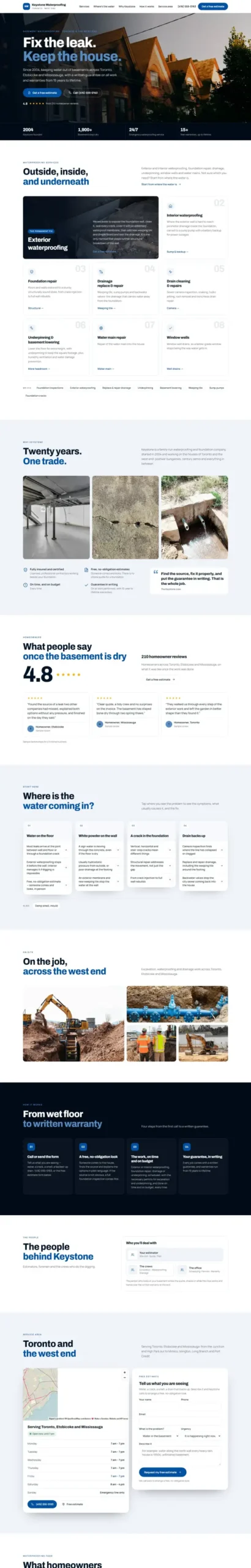 Full-page design of Keystone Waterproofing, a fictional basement waterproofing.