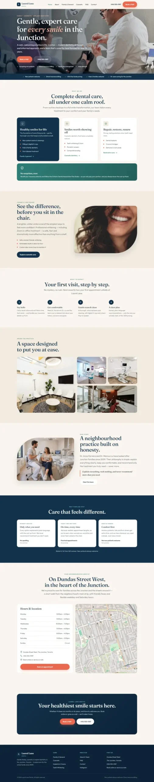 Full-page design of Laurel Lane Dental, a fictional dental clinic.