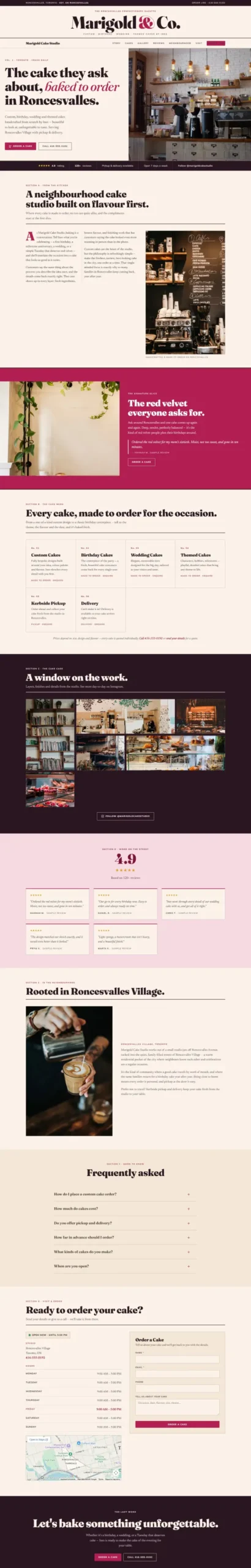 Full-page design of Marigold Cake Studio, a fictional custom cake studio.