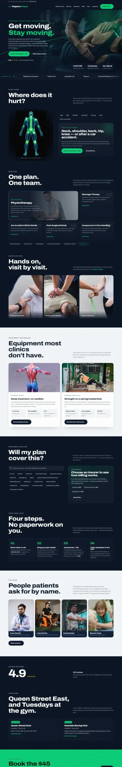 Full-page design of Ridgeline Physio, a fictional physiotherapy clinic.