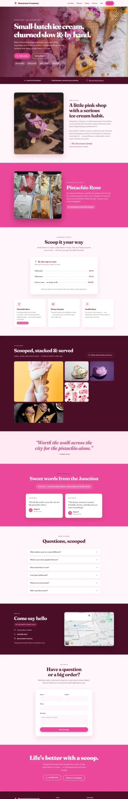 Full-page design of Rosewater Creamery, a fictional ice cream shop.