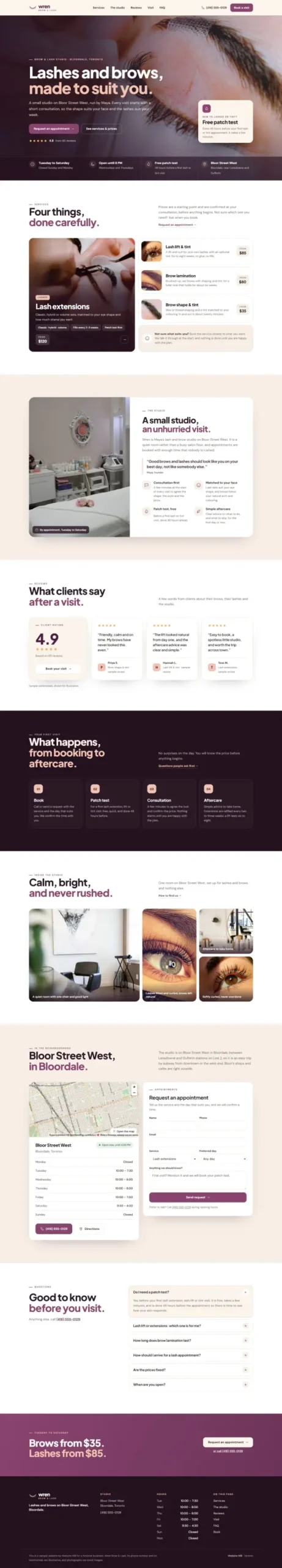 Full-page design of Wren Brow & Lash, a fictional brow & lash studio.
