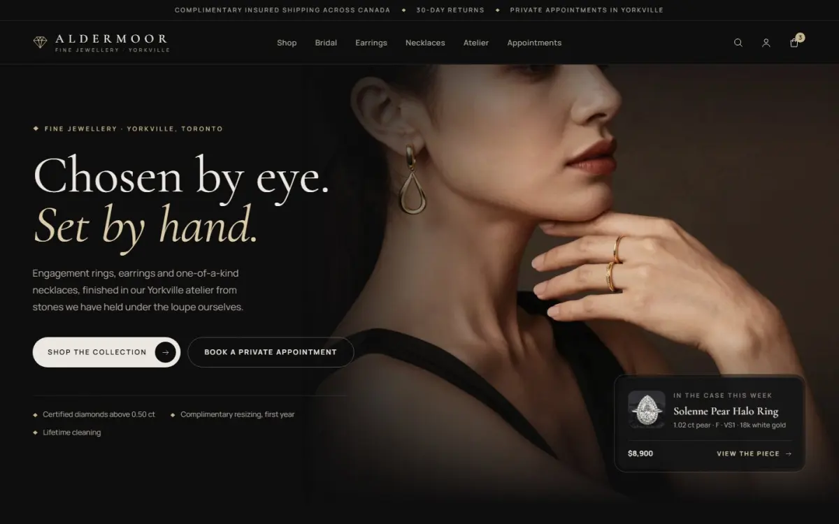 Aldermoor, a fictional fine-jewellery store: dark editorial homepage.