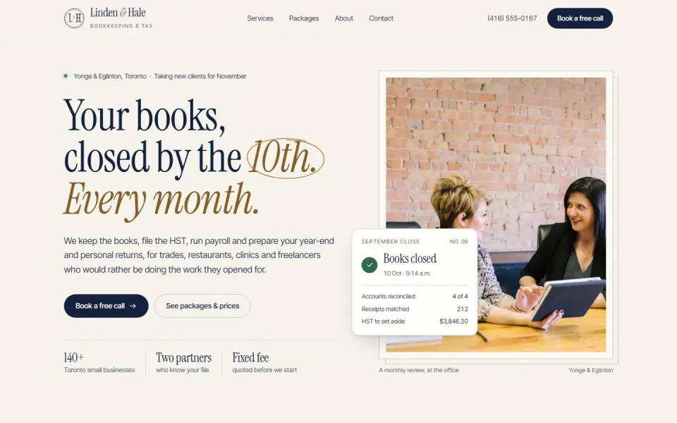Linden & Hale, a fictional bookkeeping firm: light editorial homepage.
