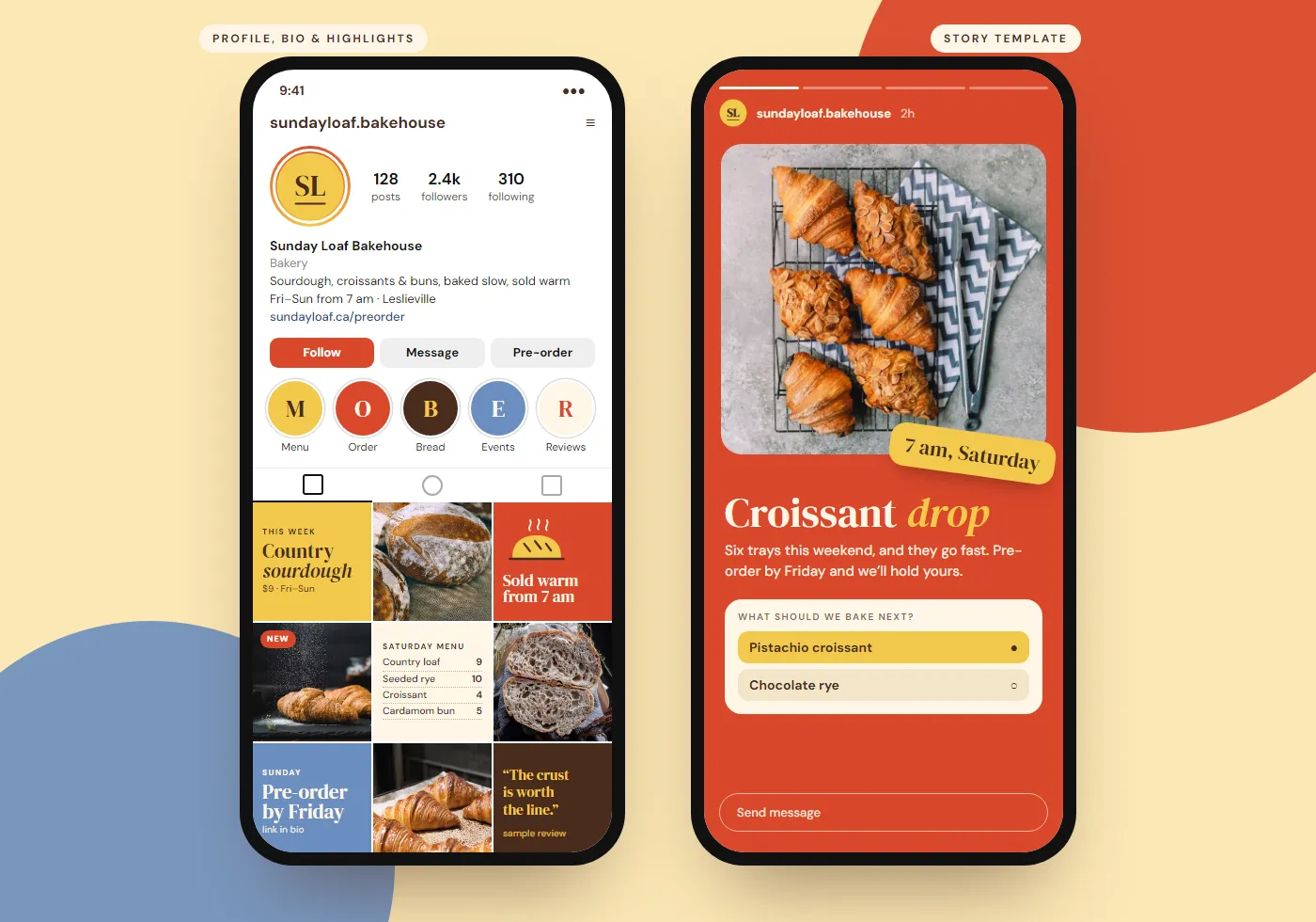 A social media launch kit for Sunday Loaf Bakehouse, a fictional bakery: a profile with bio, highlight covers and a grid of branded posts, next to a story template with a poll.
