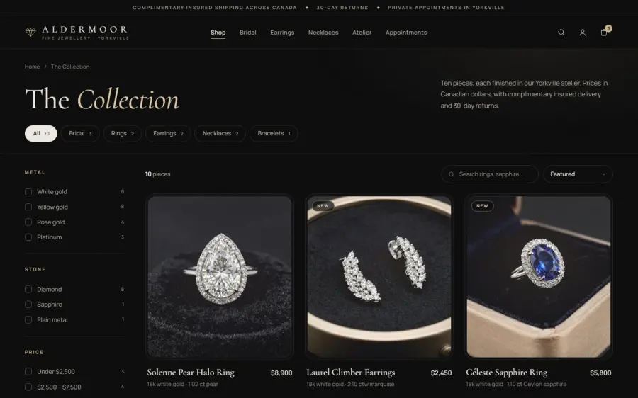 Product grid of the fictional Aldermoor jewellery store.