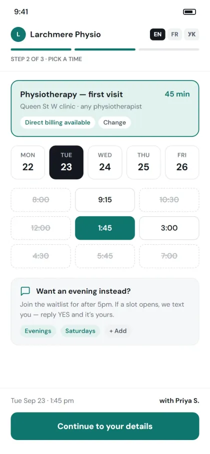The clinic's booking screen on a phone, with a waitlist.