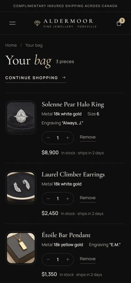Aldermoor shopping bag on a phone with order summary.