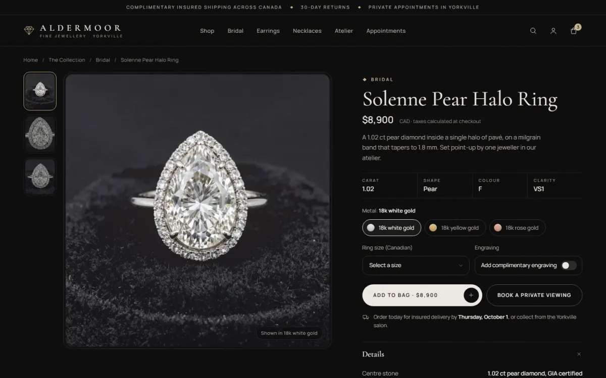 Aldermoor product page for a pear-cut halo ring with metal and size options.