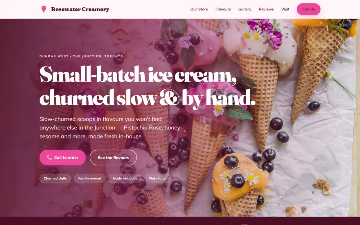 Rosewater Creamery, a fictional ice cream shop: website homepage on a desktop screen.