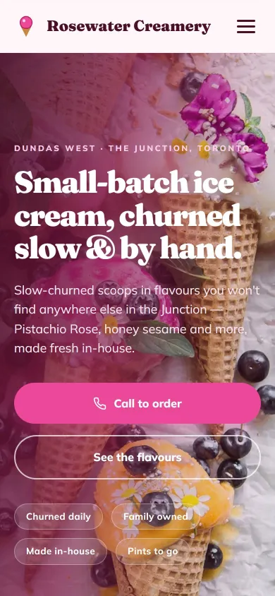 The same Rosewater Creamery site on a phone.