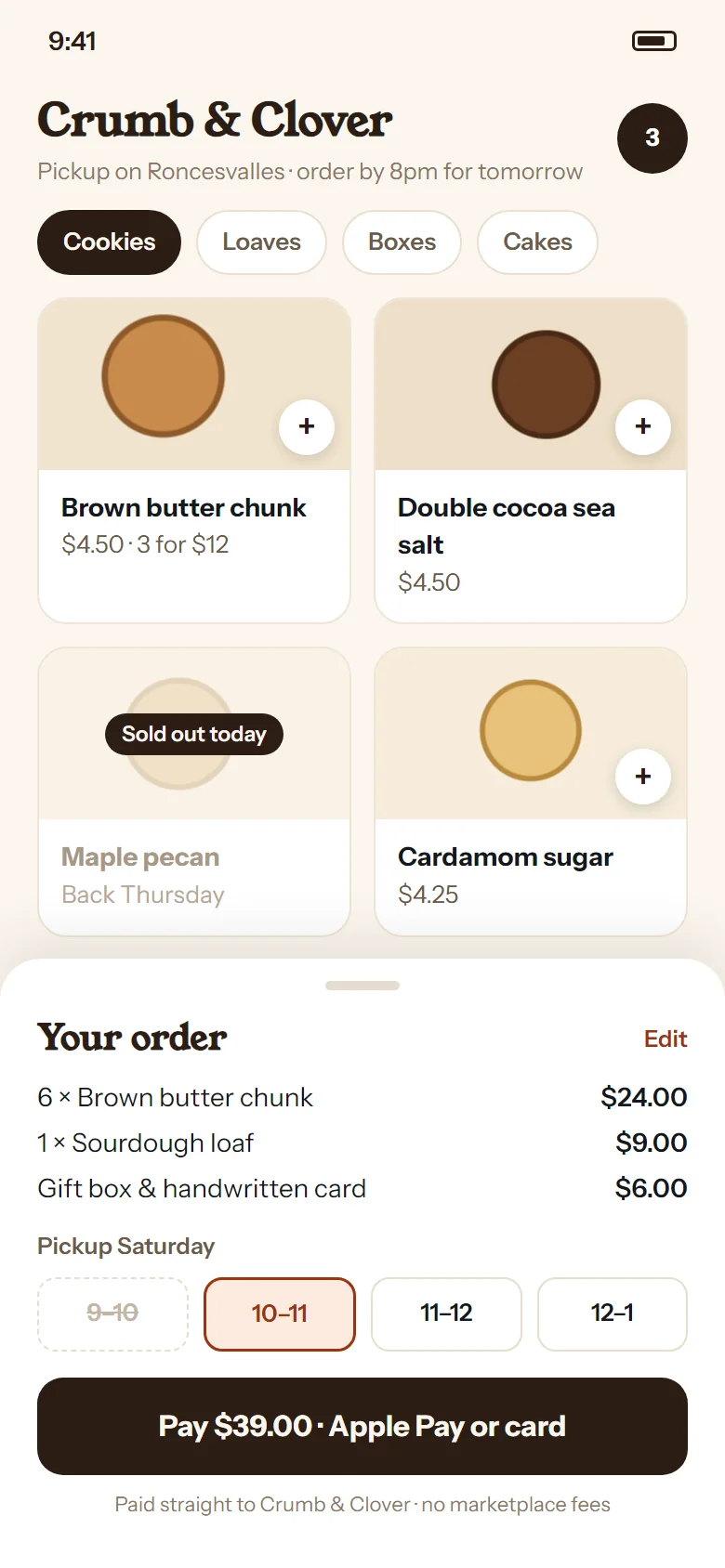 A bakery&rsquo;s own order page on a phone: cookies, a sold-out item, a pickup time and a pay button.