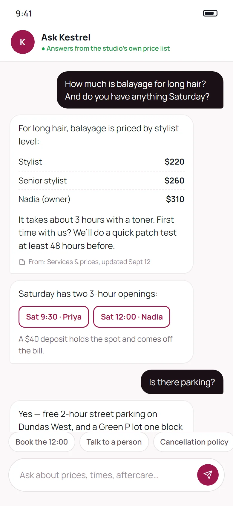 A salon&rsquo;s chat assistant answering a price question from the studio&rsquo;s price list and offering two Saturday times.