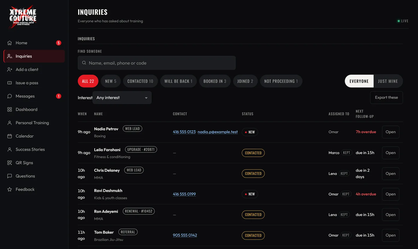 The staff dashboard with invented names, numbers and dates.