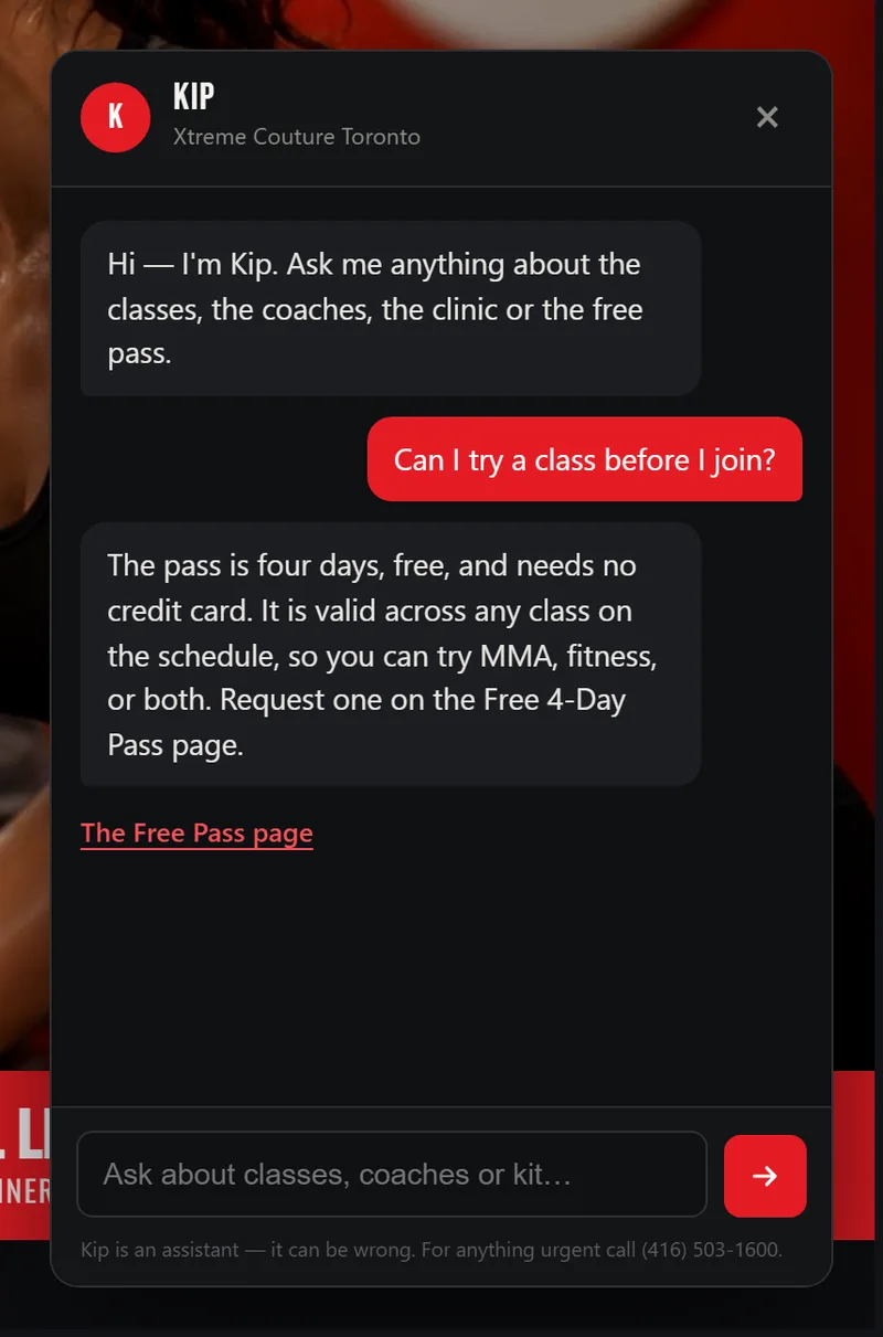 Kip, the site assistant, answering a visitor's question on the Xtreme Couture site.